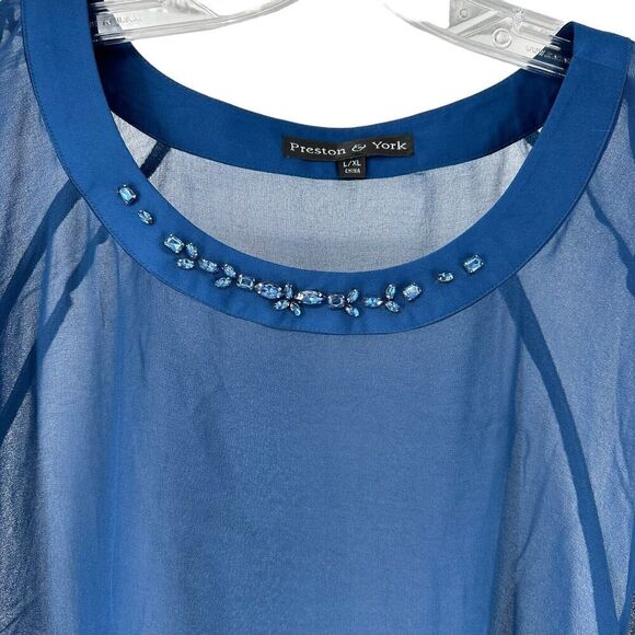 Preston York Cape Top Blue Sheer Gemstone Bead Embellished Size L XL Crew Neck - Picture 2 of 9